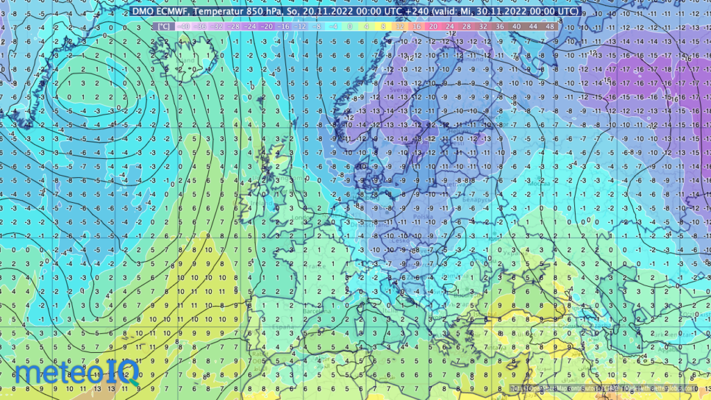 ECMWF HRES Vorhersage für die Temperatur der 850 hPa Fläche vom 20.11.2022 00z für den 30.11.2022 00z