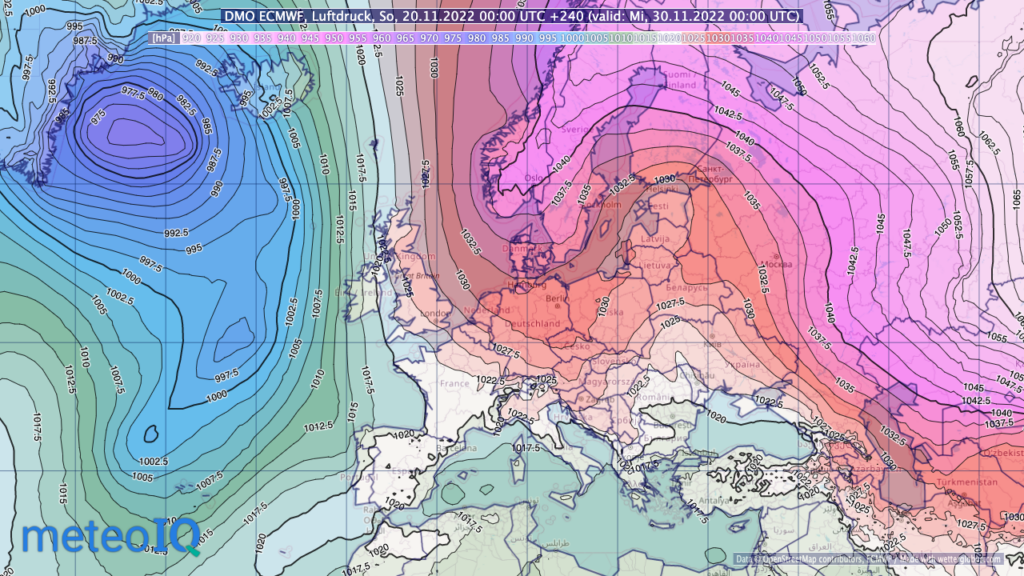 ECMWF HRES Vorhersage des Luftdrucks vom 20.11.2022 00z für den 30.11.2022 00z