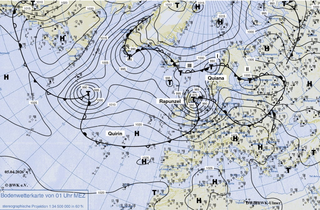 Bodenwetterkarte vom 5. April 2026, 2 Uhr MESZ. Sie zeigt das Tiefdruckgebiet Rapunzel über Schottland und dicht gedrängte Isobaren über Nordwesteuropa.