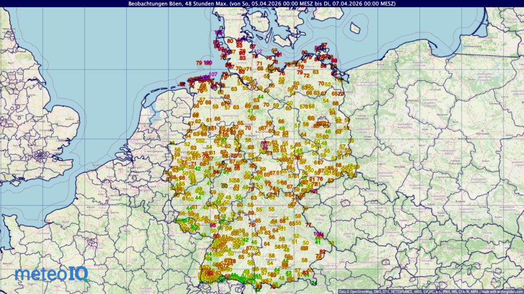 Auf der Karte von Deutschland sind die maximalen Windböen für den Zeitraum vom 5.4.2026 0 Uhr MESZ bis 6.4.2026 24 Uhr MESZ zu sehen.
