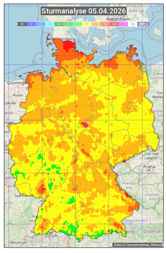 Auf der Deutschlandkarte sind für den 5. April 2026 Gebiete mit den höchsten Windböen in orange bis rot eingefärbt.