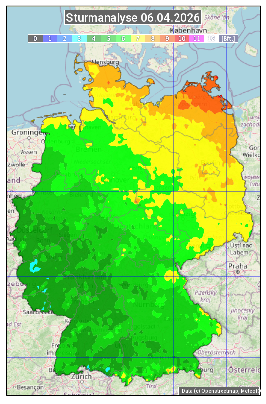 Auf der Deutschlandkarte sind für den 6. April 2026 Gebiete mit den höchsten Windböen in orange bis rot eingefärbt.